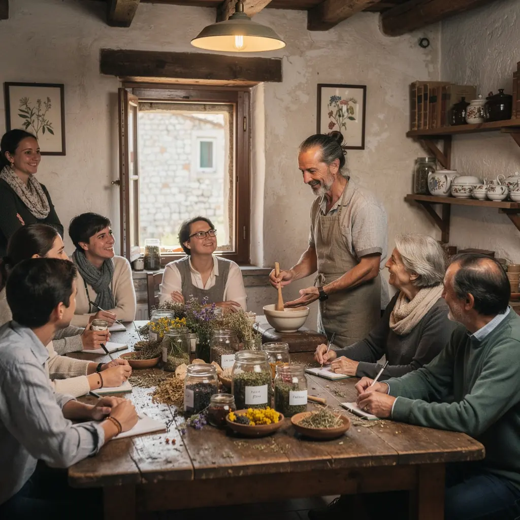 Sretna obitelj uživa u zajedničkom čajanku u vrtu punom cvijeća.