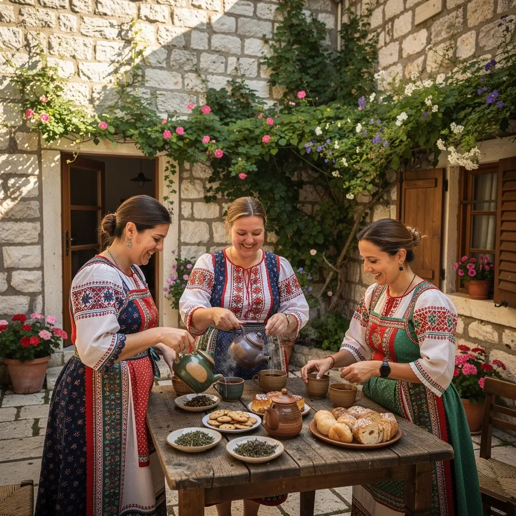 Mirisna šalica čaja od kamilice s cvjetovima u pozadini.